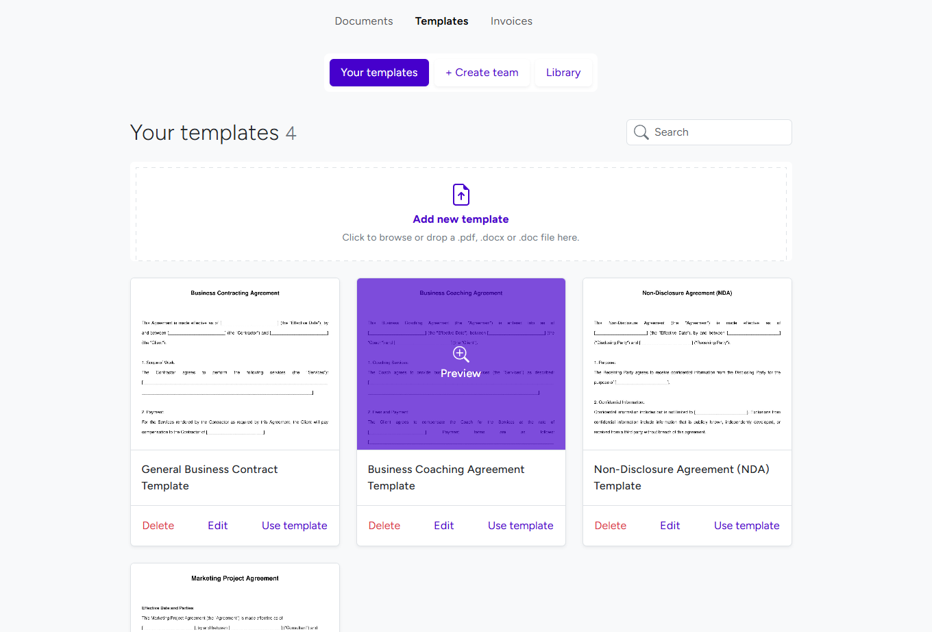 BreezeDoc Template Library showing available templates