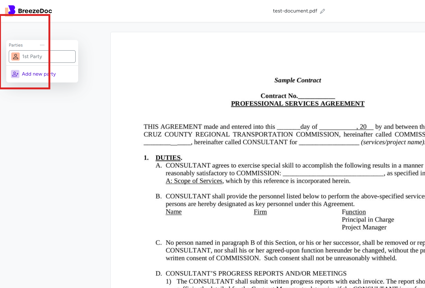 BreezeDoc Parties panel for adding recipients