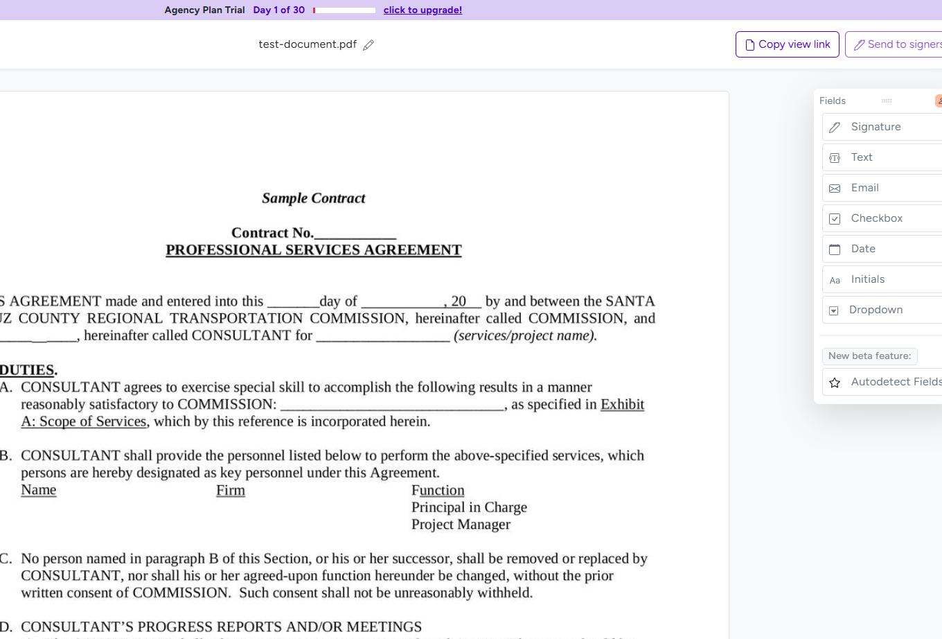 BreezeDoc document editor showing the Fields panel with all seven field types: Signature, Text, Email, Checkbox, Date, Initials, and Dropdown