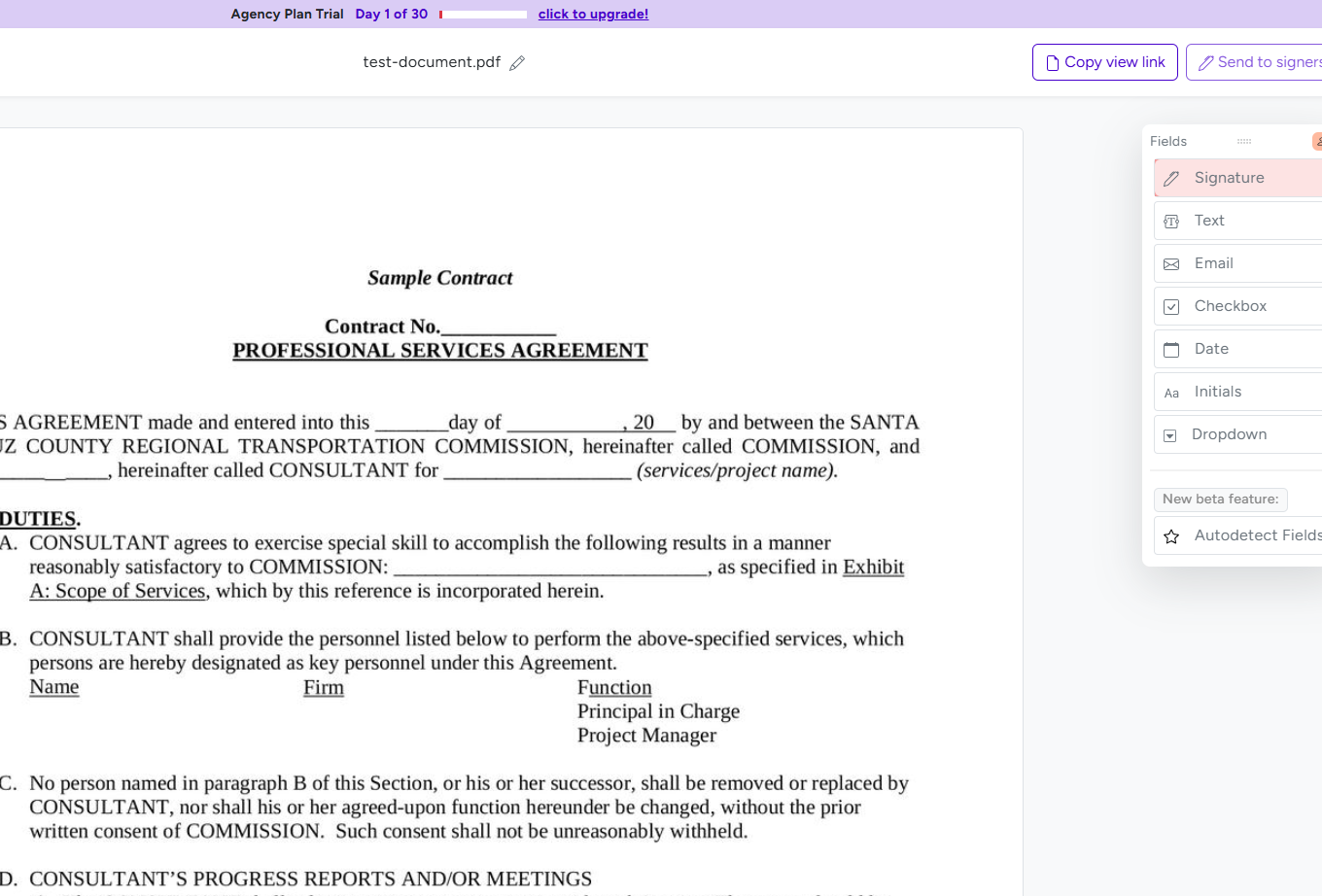 BreezeDoc Fields panel with the Signature button highlighted