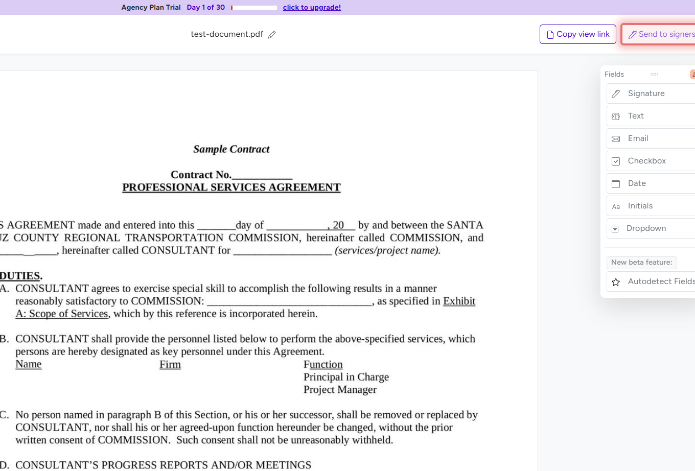 BreezeDoc document editor with Send to signers button highlighted in the top right corner