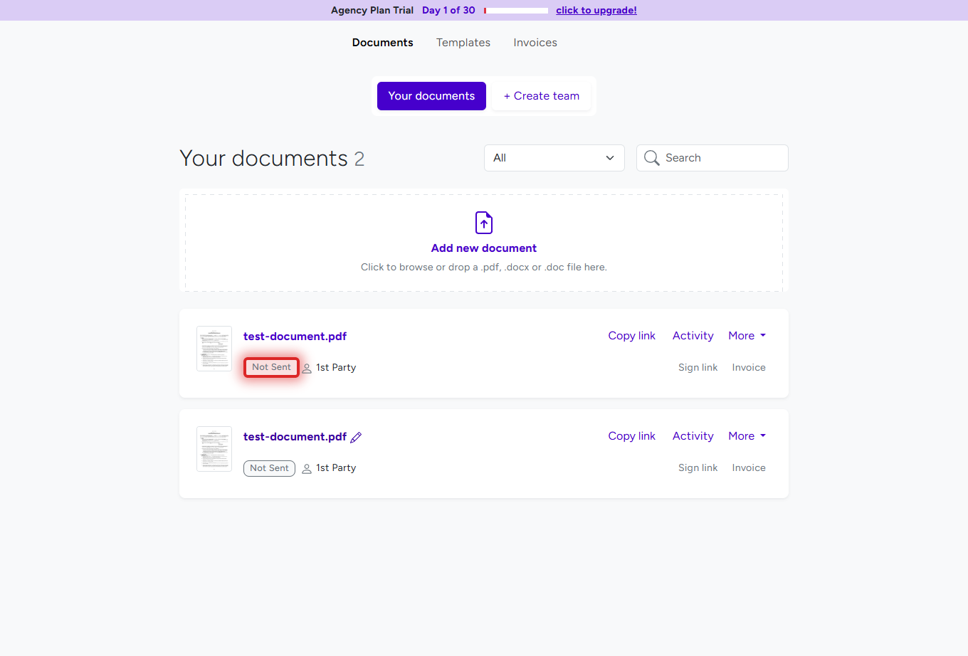 BreezeDoc documents list showing Not Sent status badge highlighted