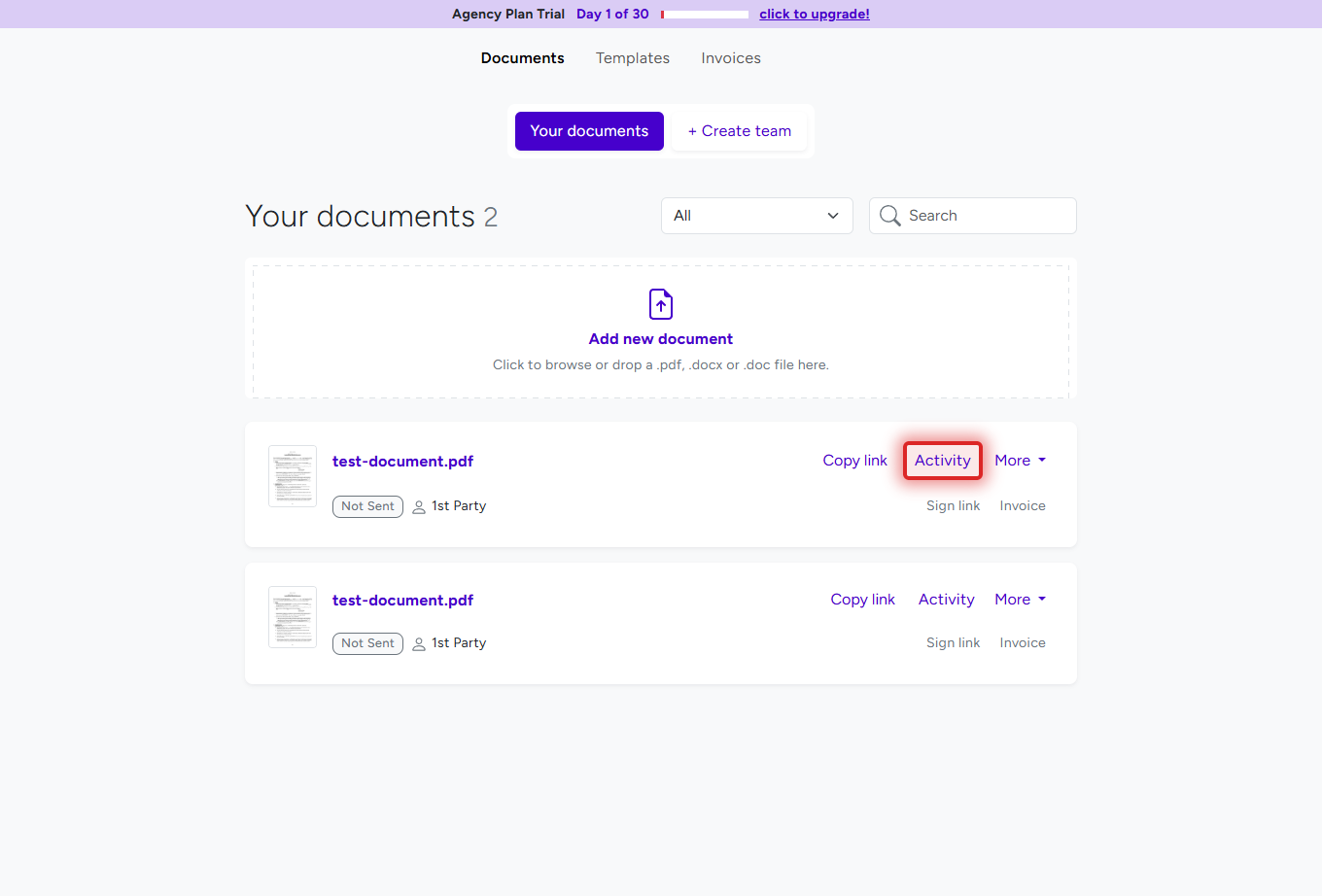 BreezeDoc documents list showing Activity button highlighted for tracking
