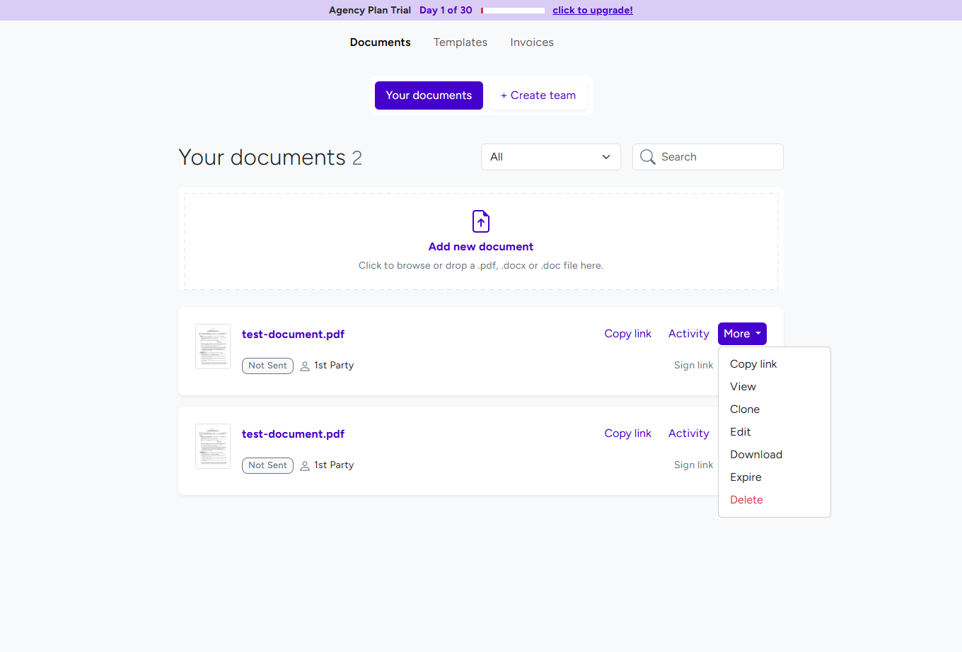 BreezeDoc More dropdown menu showing Clone, Edit, Download, Expire, and Delete options