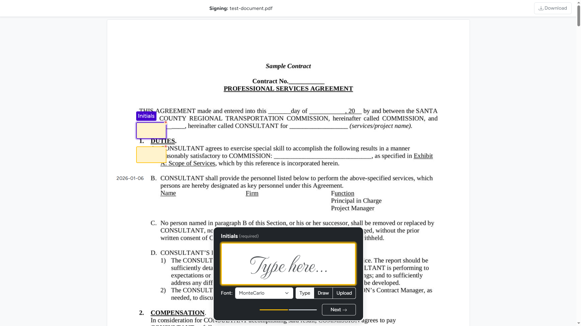 BreezeDoc signing interface showing highlighted fields and initials input modal with Type, Draw, Upload options
