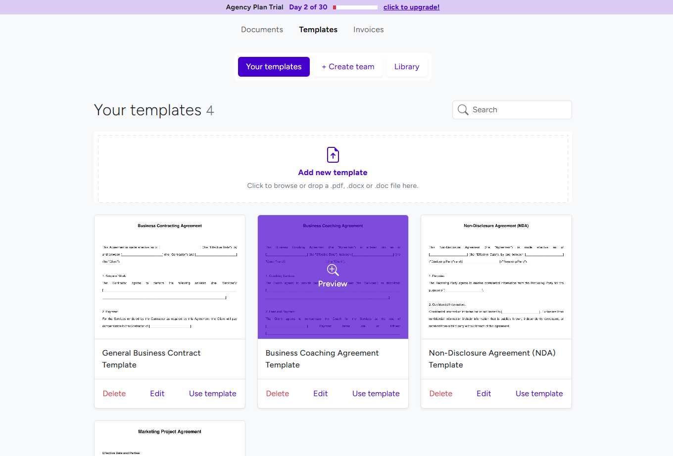 BreezeDoc Templates page showing Your templates with custom templates and action buttons