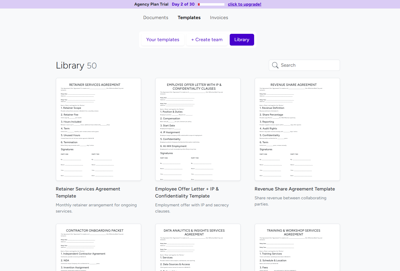 BreezeDoc Template Library showing 50 pre-built professional templates