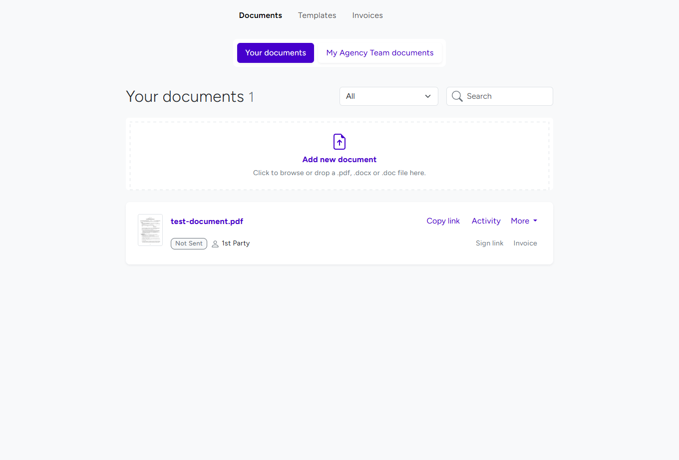 BreezeDoc Documents page showing Your documents and My Agency Team documents tabs