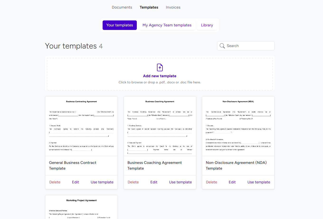 BreezeDoc Templates page showing Your templates, My Agency Team templates, and Library tabs