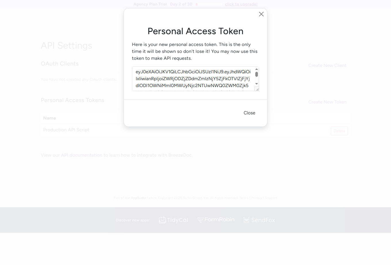 Personal Access Token revealed showing one-time display warning - copy this token immediately