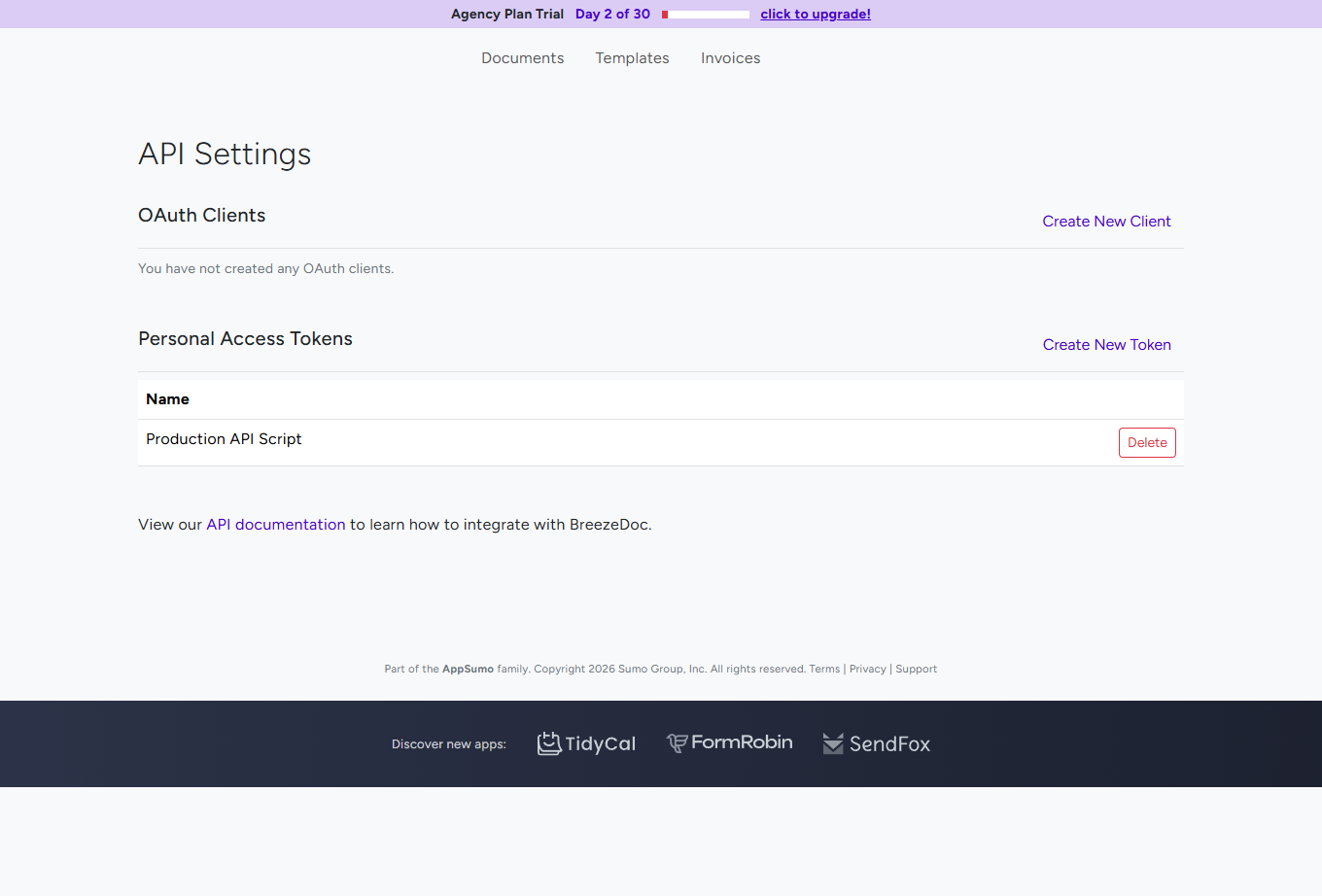 API Settings showing active Personal Access Token in list with Delete button for token management