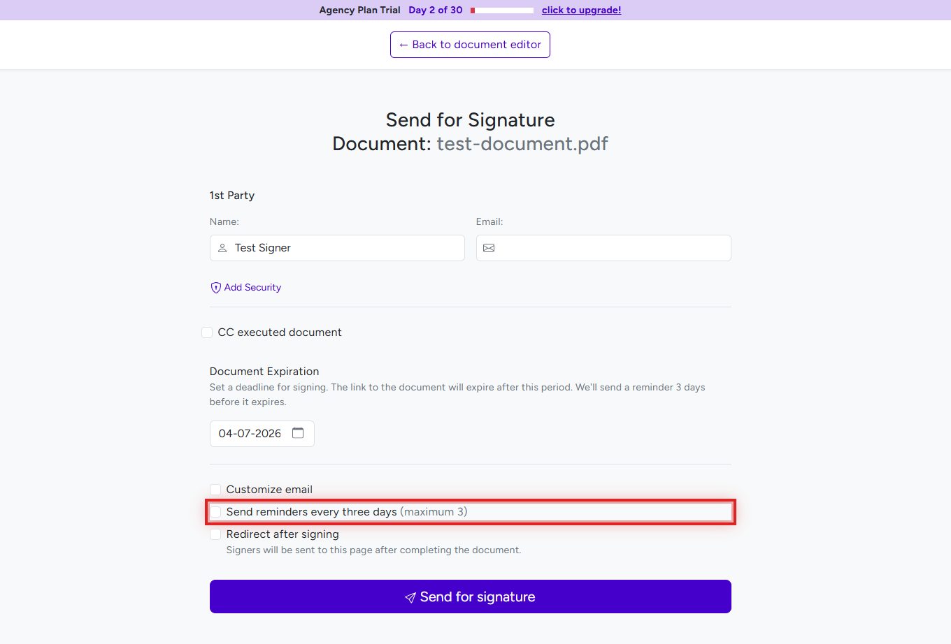 BreezeDoc Send for Signature page showing Send reminders every three days option highlighted
