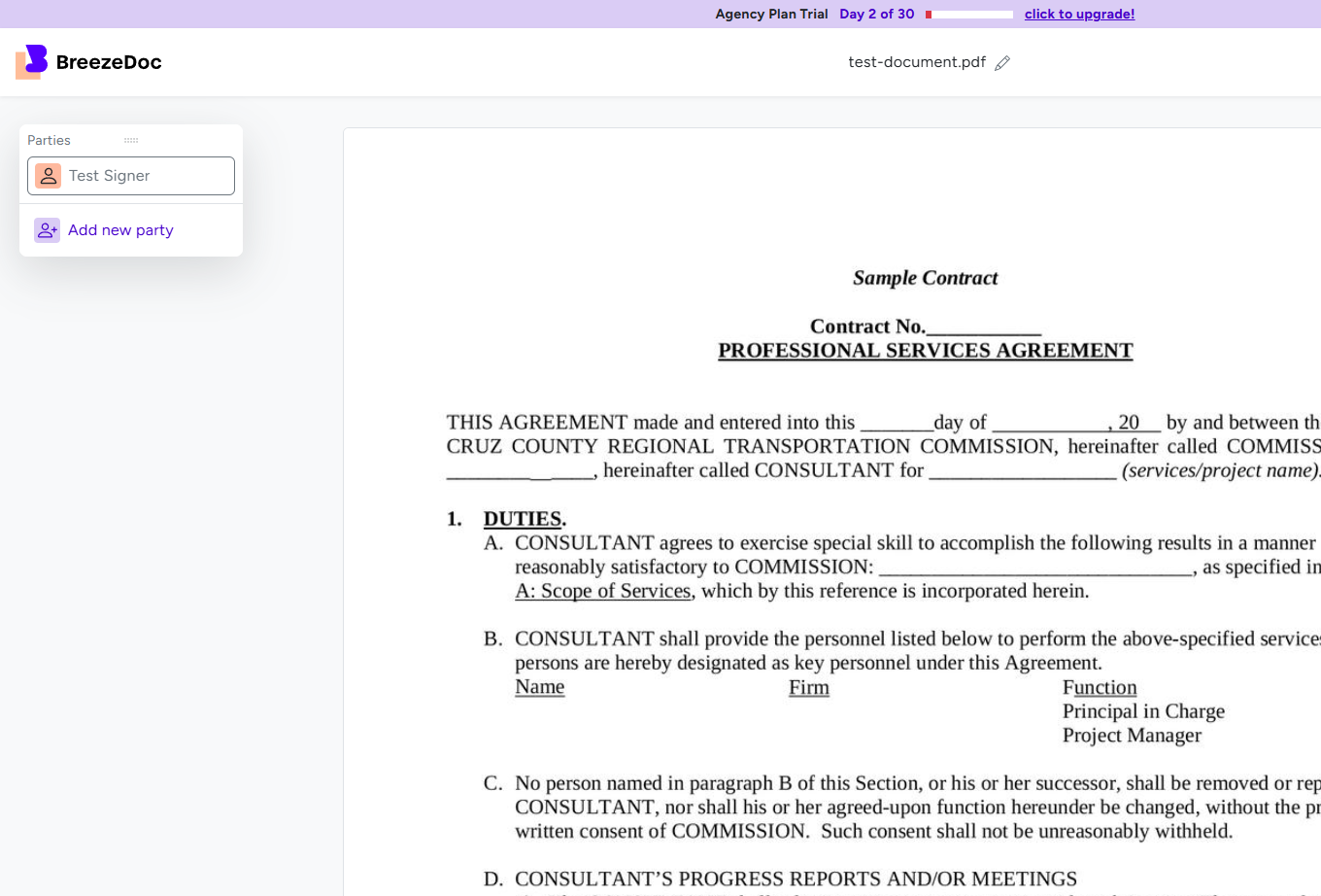 BreezeDoc document editor showing Parties panel with Add new party option for multi-party signing