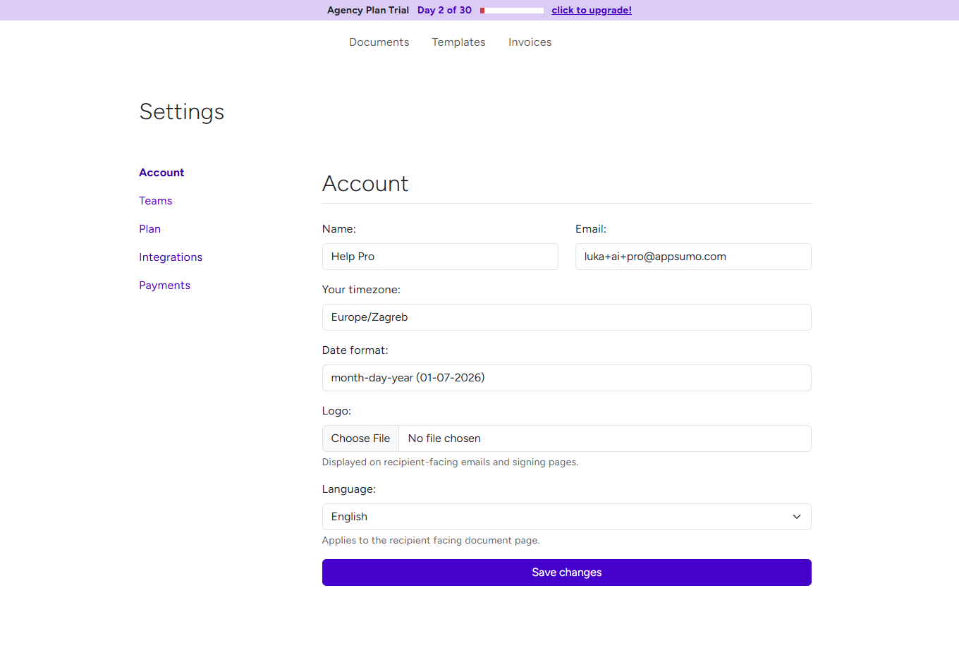 BreezeDoc Account Settings page showing name, email, timezone, date format, logo, and language options