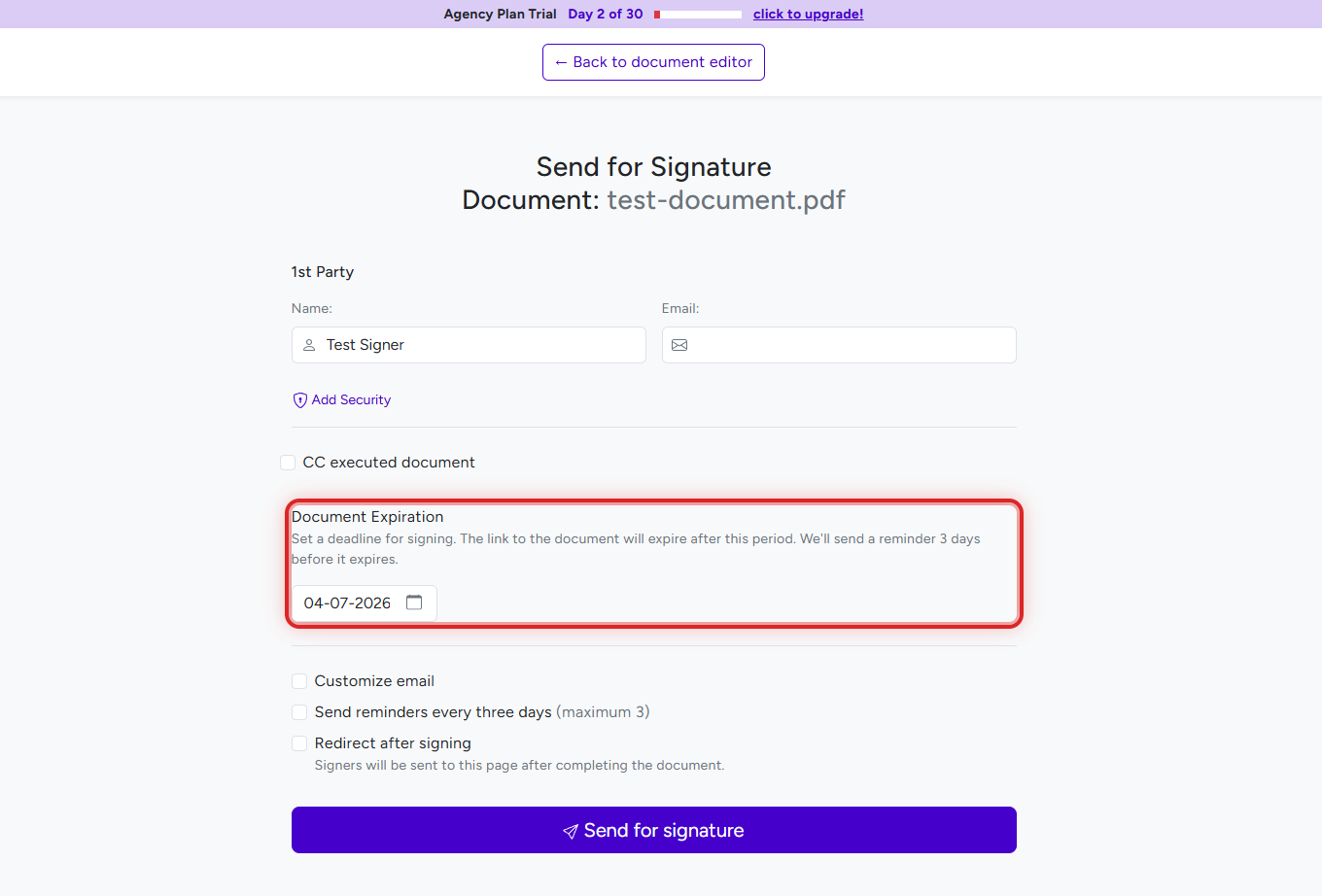 BreezeDoc Send for Signature page showing Document Expiration date picker highlighted
