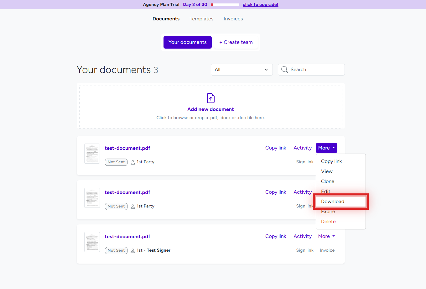 Quick download from documents list dropdown menu