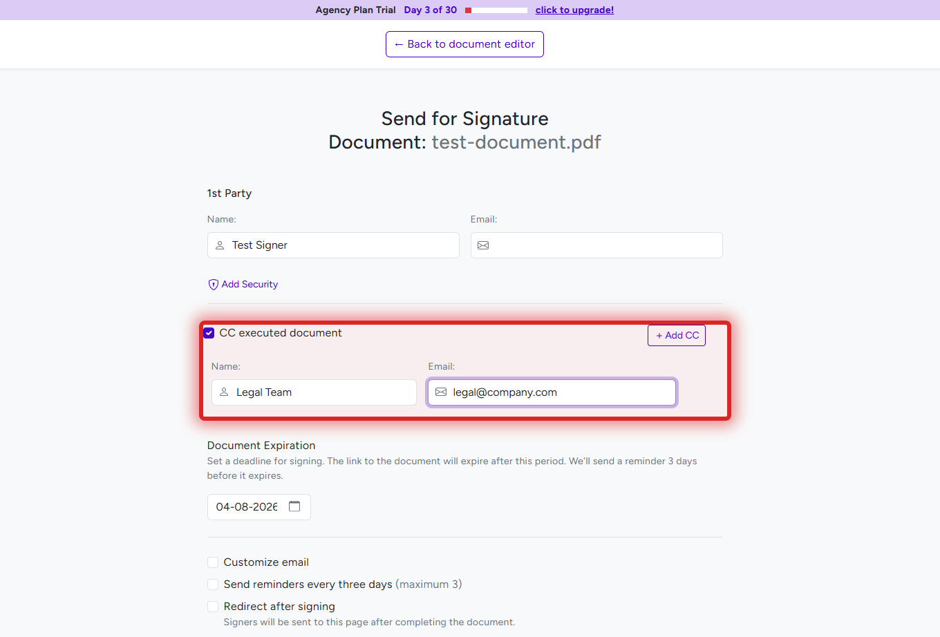 BreezeDoc Send for Signature page showing CC executed document checkbox with Name and Email fields for CC recipients