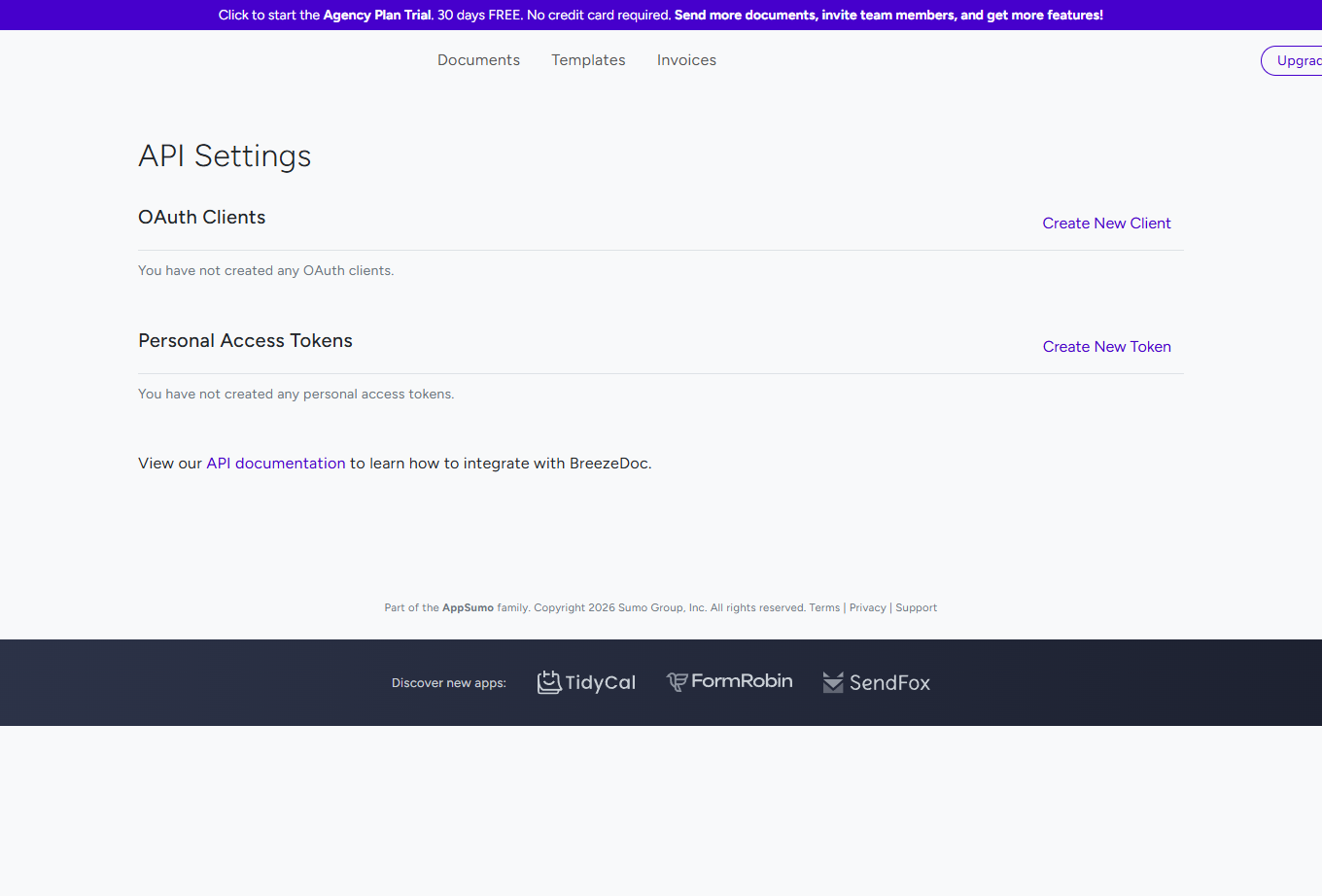 BreezeDoc API Settings page showing OAuth Clients section with Create New Client button