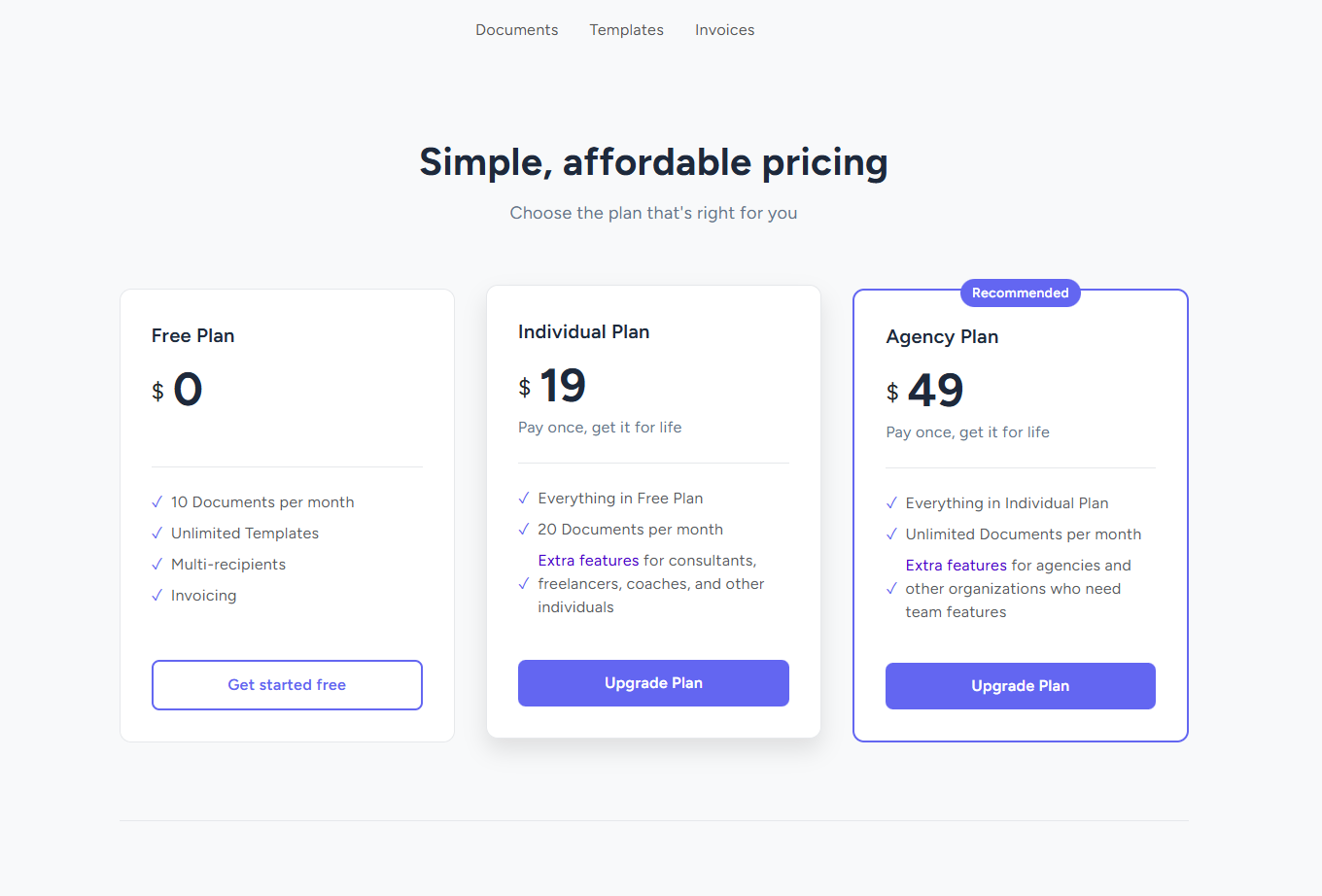 BreezeDoc pricing page showing Free, Pro, and Agency plan comparison