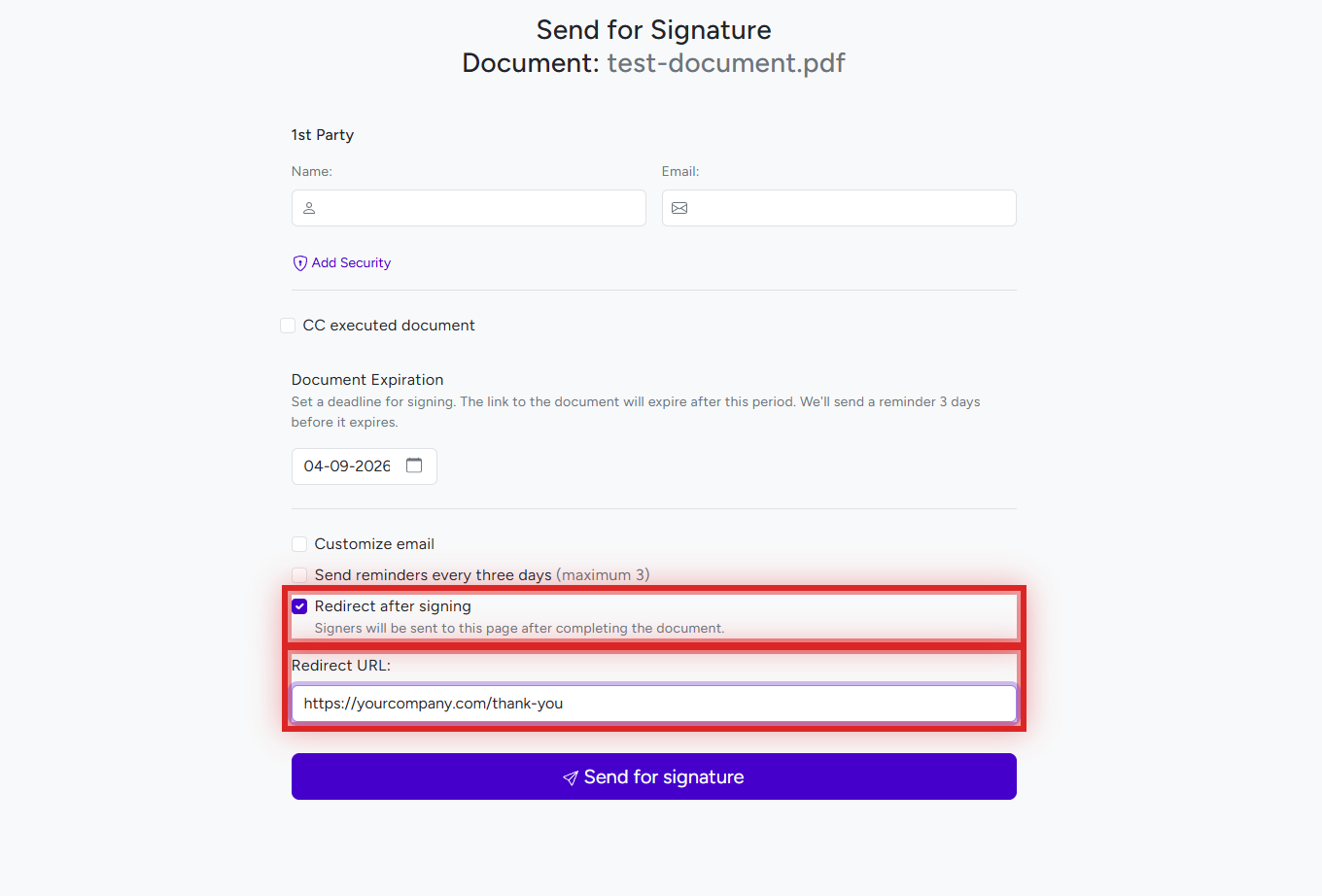 Send for Signature page showing Redirect after signing checkbox and Redirect URL input field highlighted