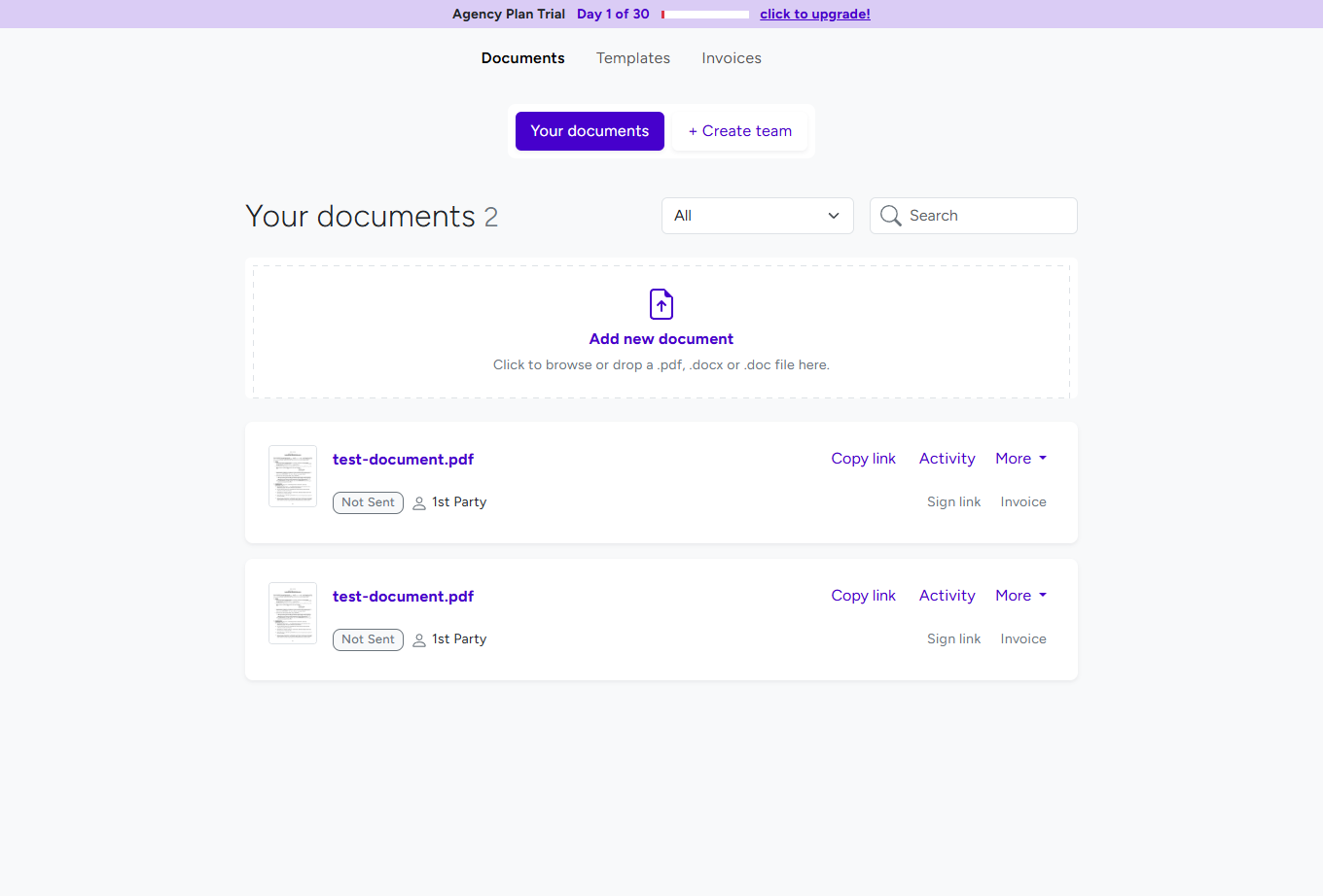 BreezeDoc Documents page showing document list with search box and status filter dropdown