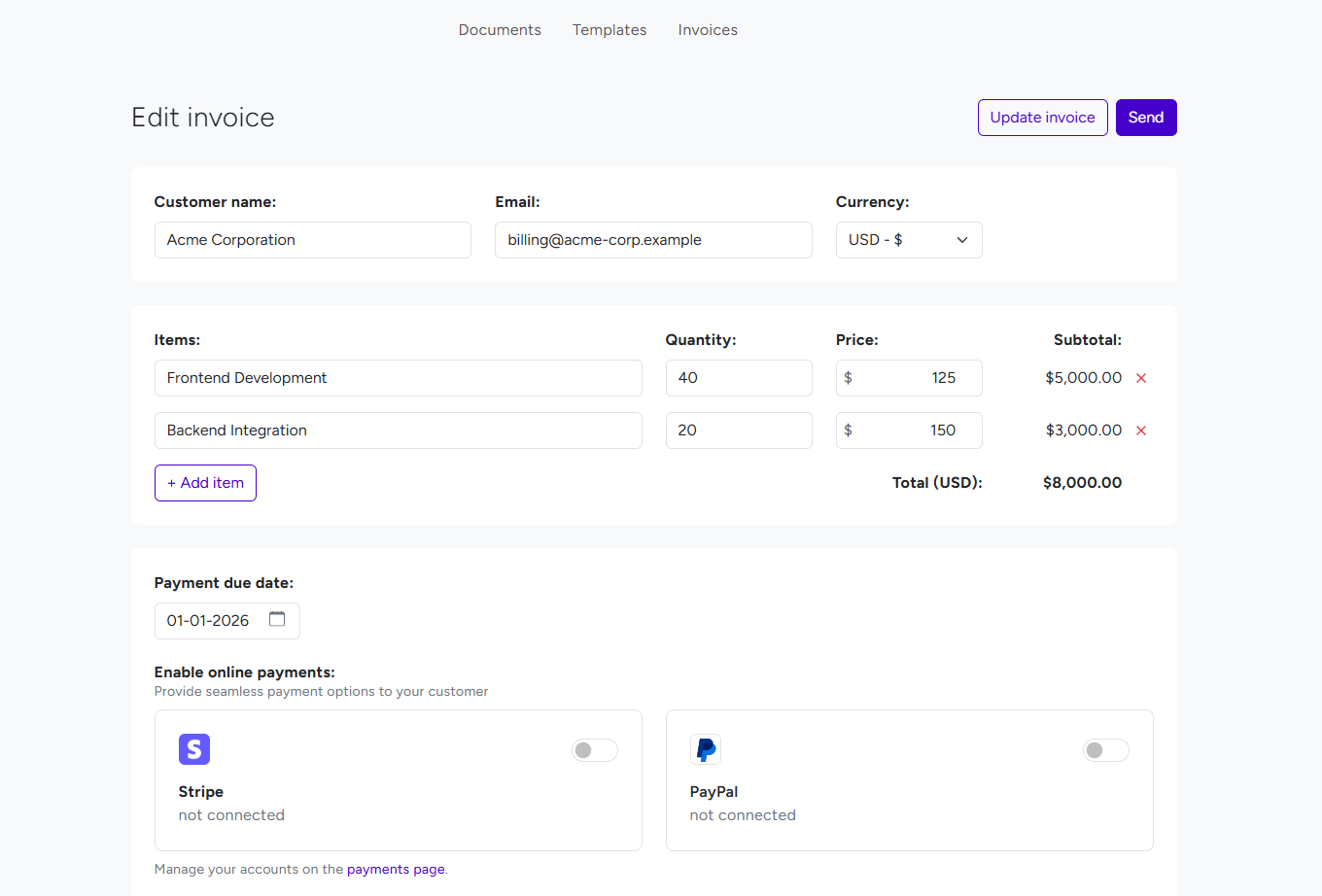 Invoice edit page showing line items and Stripe/PayPal payment options