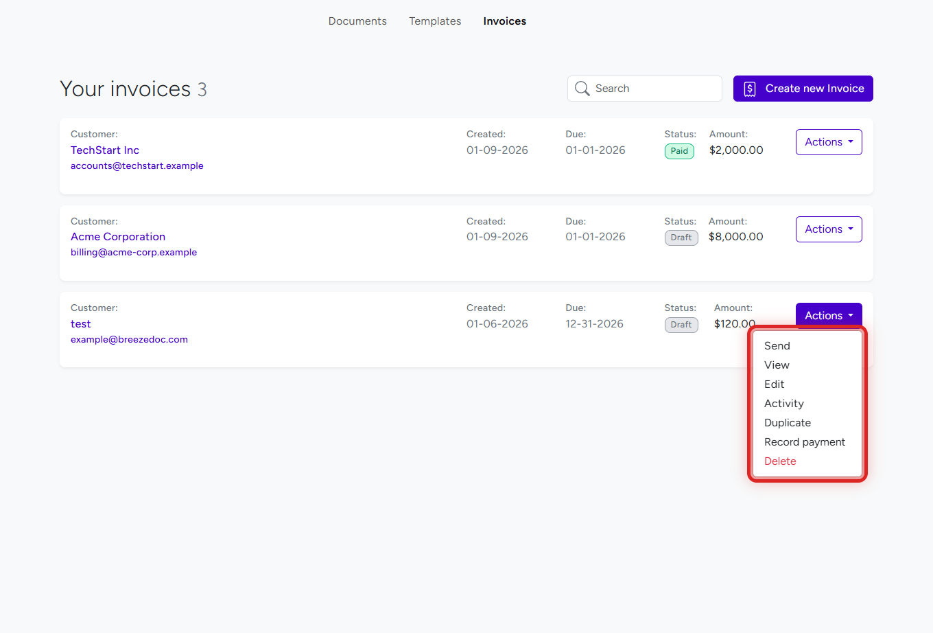 Invoice Actions dropdown showing Record Payment option