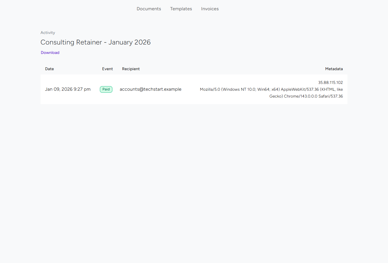 Invoice activity page showing Paid event with date, recipient, and metadata