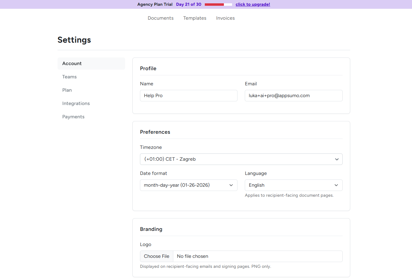 BreezeDoc Account Settings page showing Profile, Preferences, and Branding sections with card-based layout