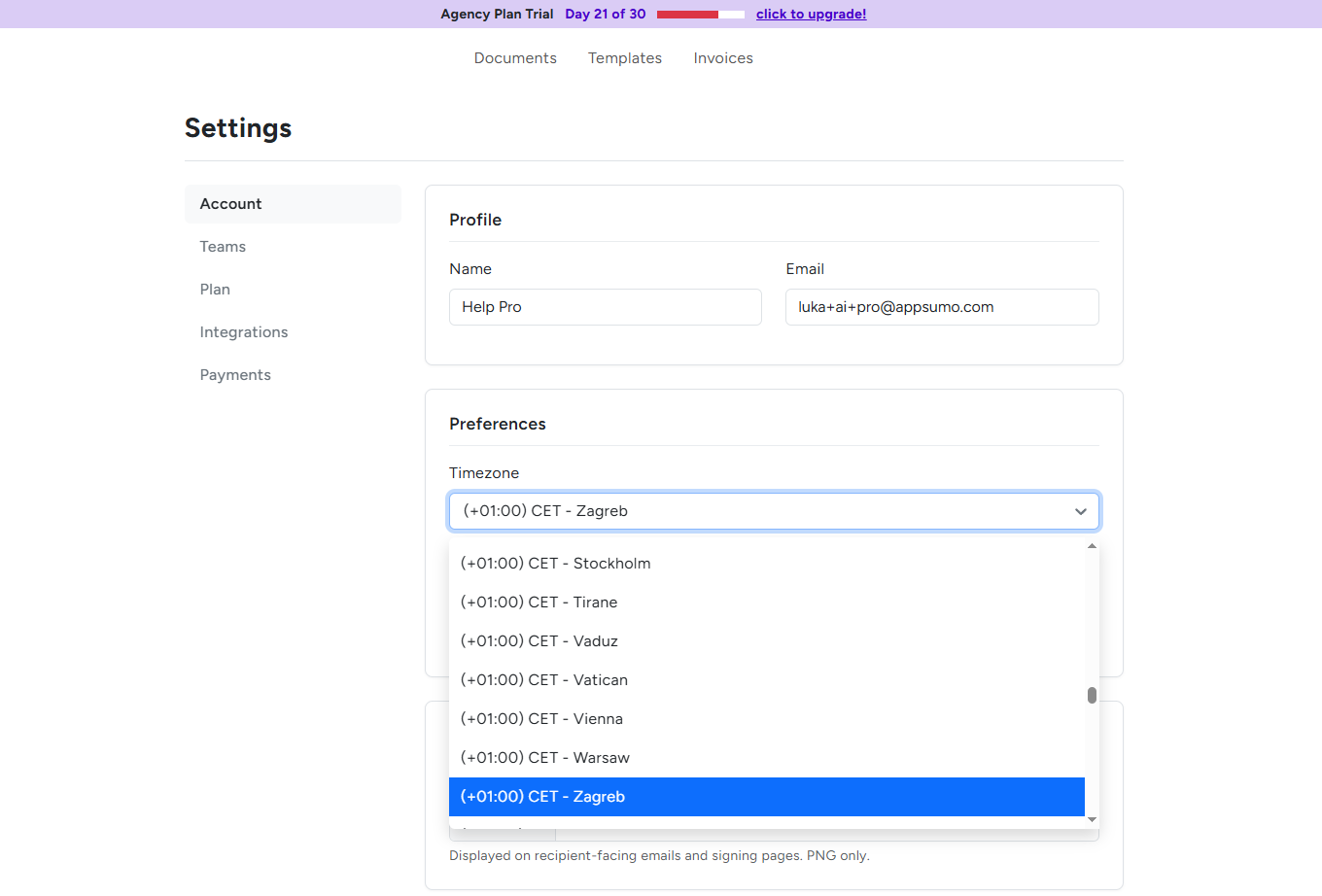 BreezeDoc timezone selector showing searchable dropdown with timezone options