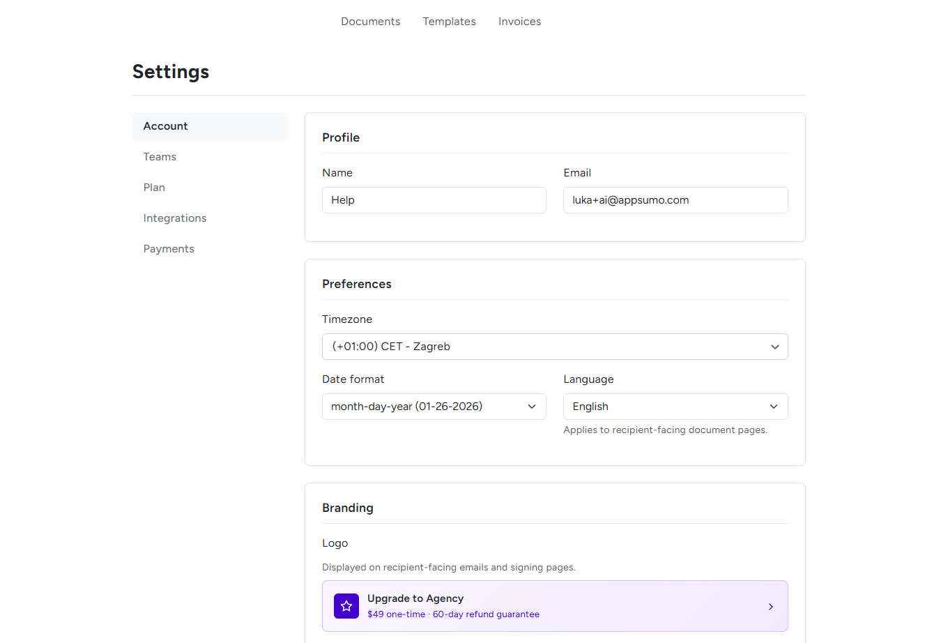 BreezeDoc Settings showing Branding section with Upgrade to Agency upsell banner for Free plan users