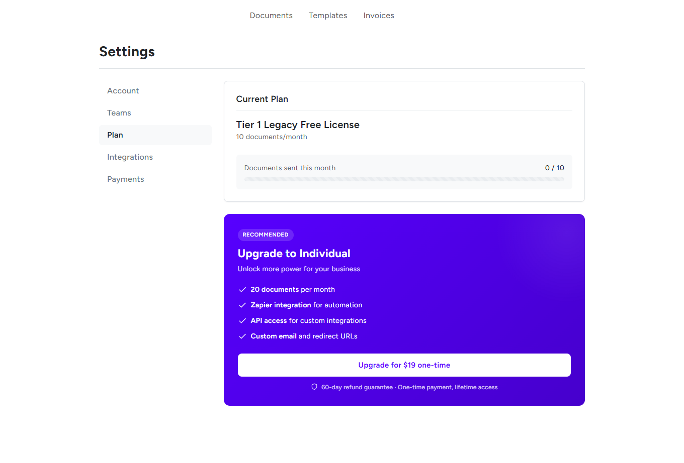 BreezeDoc Plan page for Free users showing Current Plan section and Upgrade to Individual promotion card