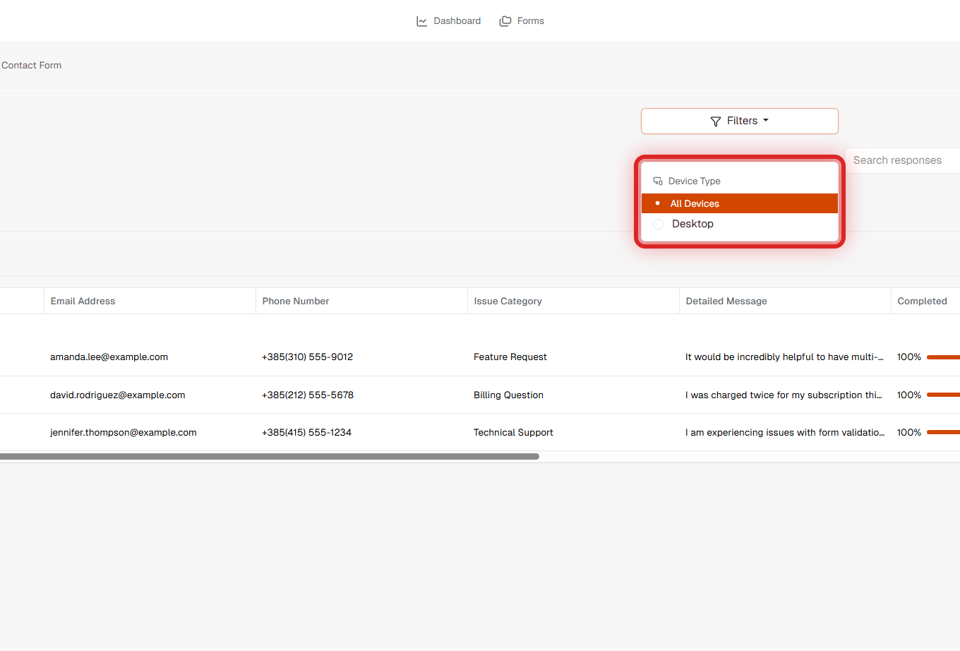 FormRobin Filters dropdown showing Device Type filter with All Devices and Desktop options