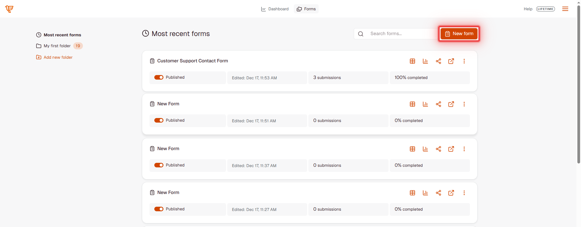 FormRobin forms list showing the New form button highlighted in the top right corner