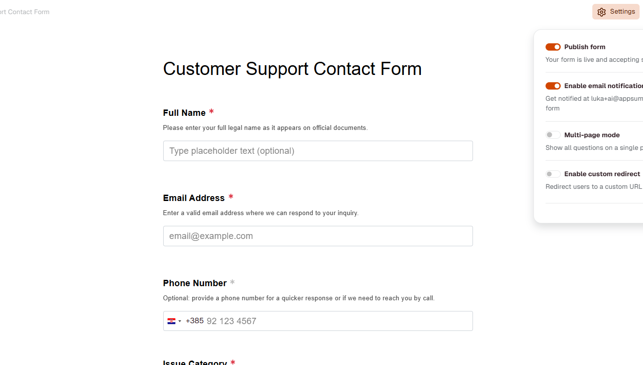 Form editor with Settings panel showing email notifications, multi-page mode, and custom redirect options