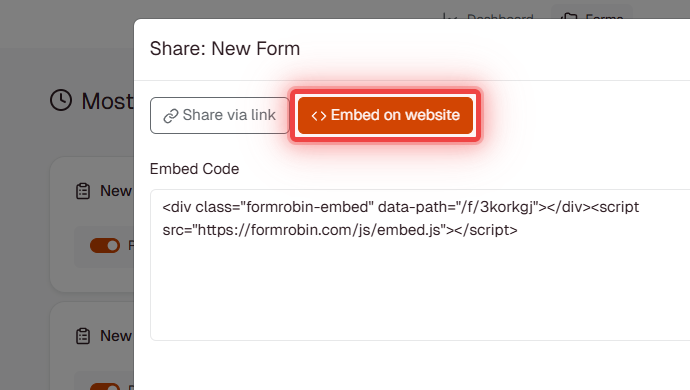 Share modal with Embed on website tab selected showing embed code