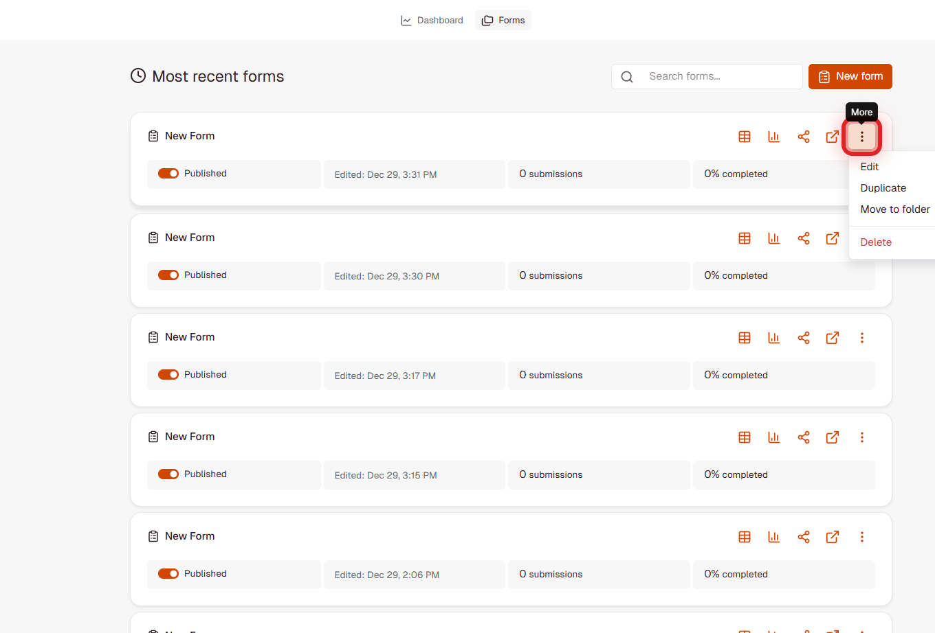 Three-dot menu dropdown showing Edit, Duplicate, Move to folder, and Delete options