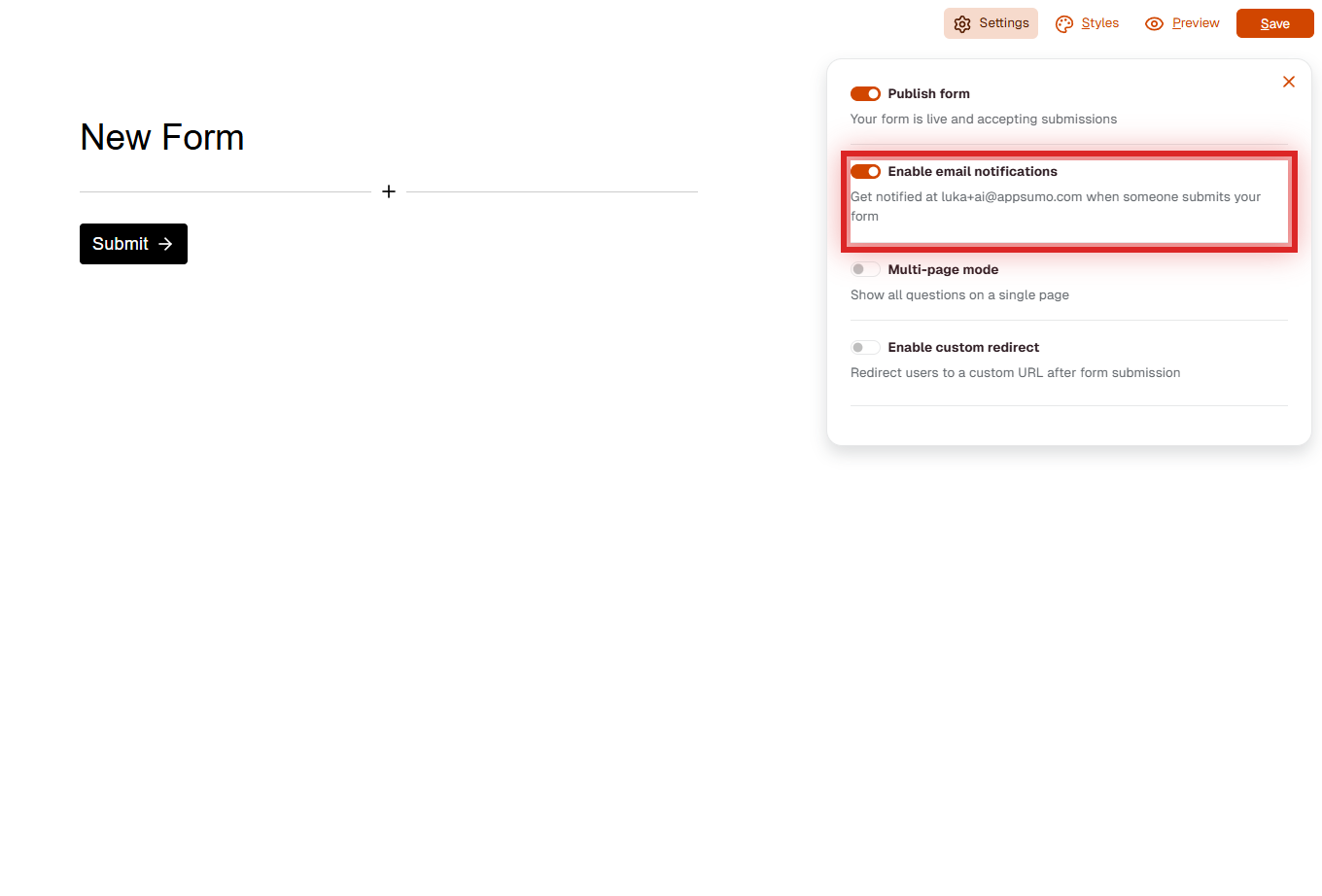 Form Settings panel showing Enable email notifications toggle highlighted