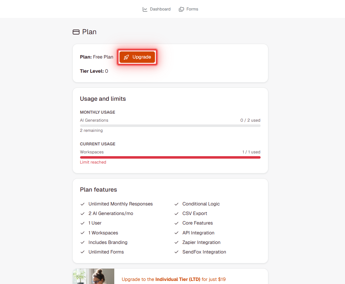 Upgrade button on Free plan account - click to purchase Individual Plan