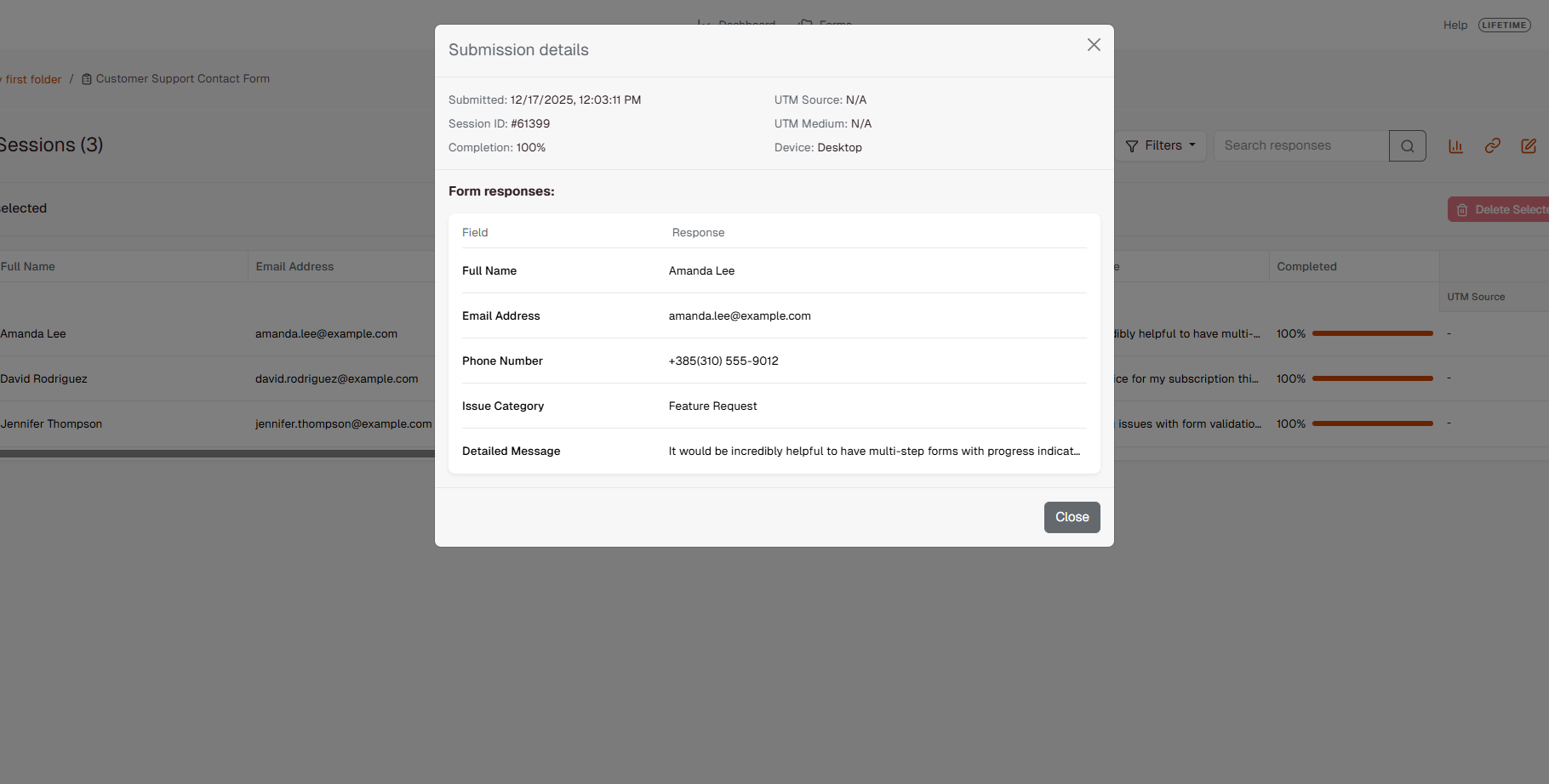 Submission details modal showing all form fields, metadata, and source tracking