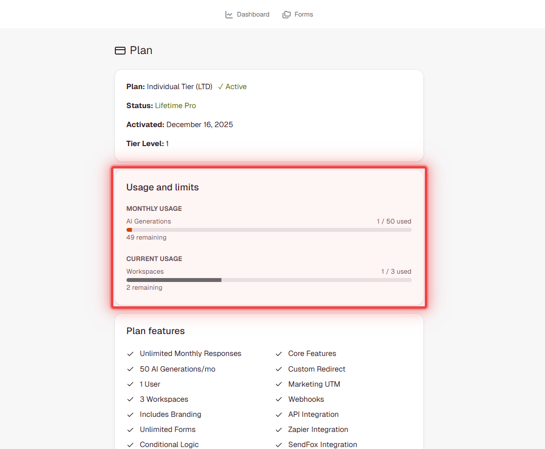 Individual plan usage meters showing 50 AI generations per month and 3 workspaces available