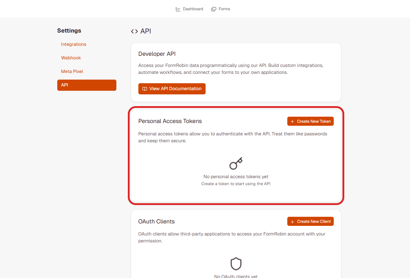 FormRobin API Settings showing Personal Access Tokens section