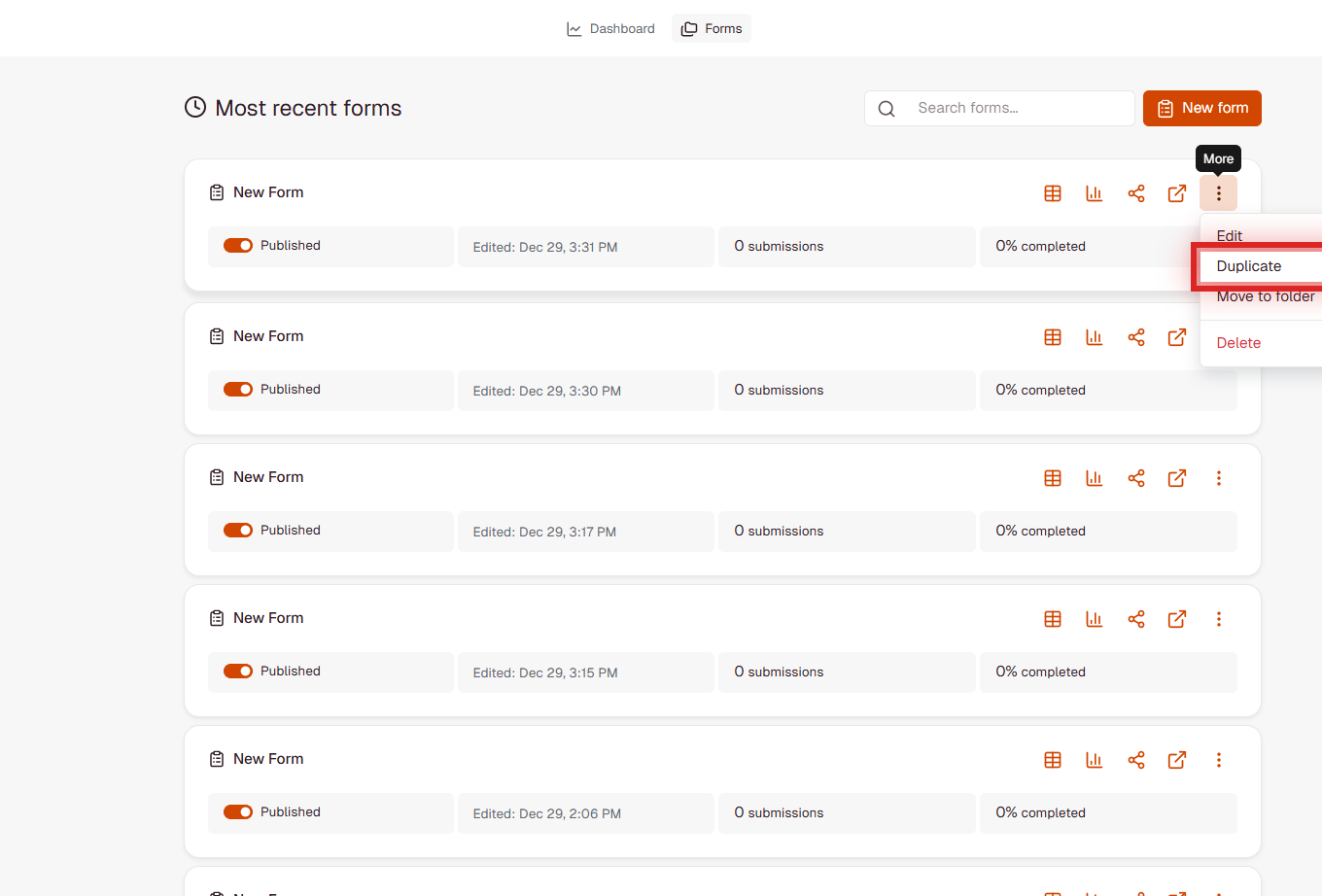 Three-dot menu dropdown showing Duplicate option highlighted