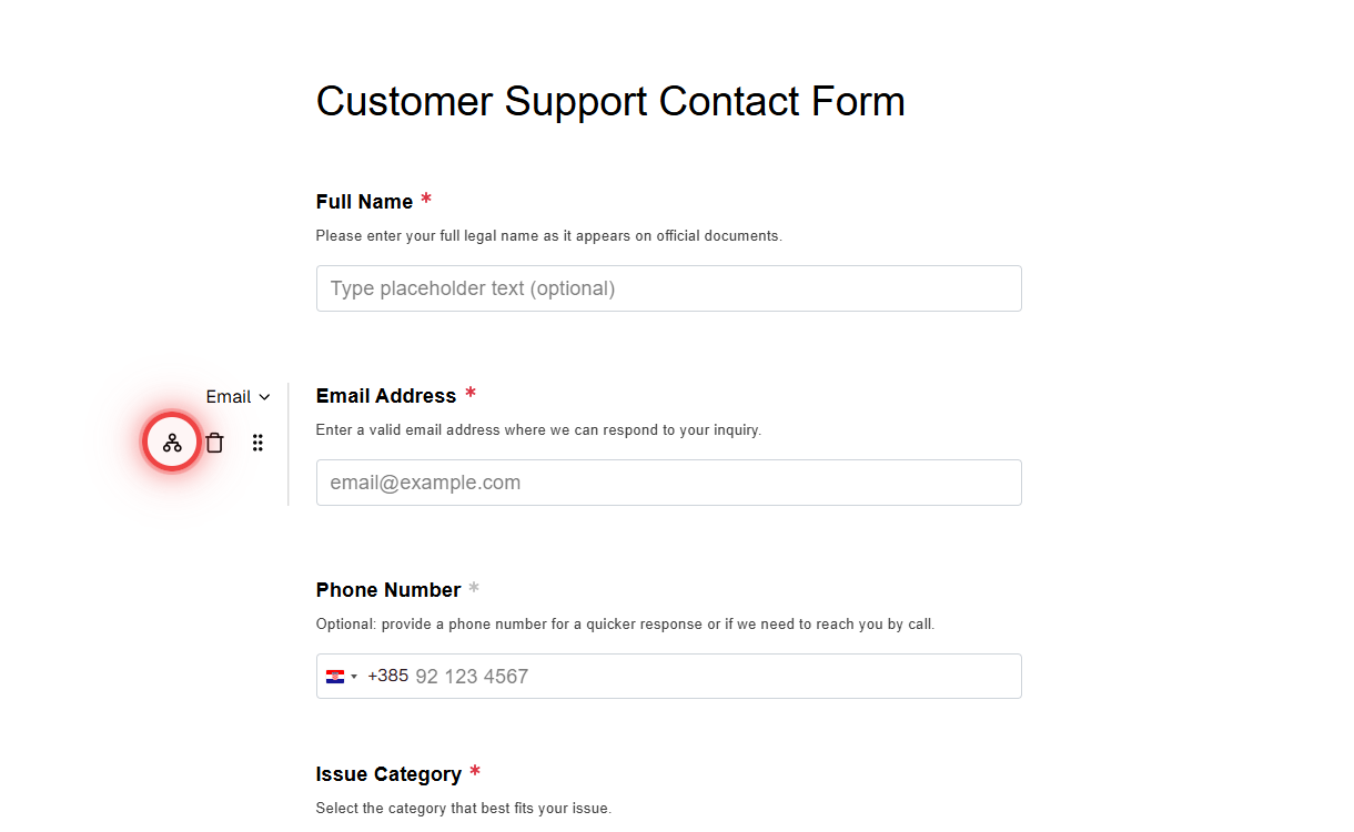 Form editor showing hover toolbar with conditional logic button (GitFork icon) highlighted on the Email Address field