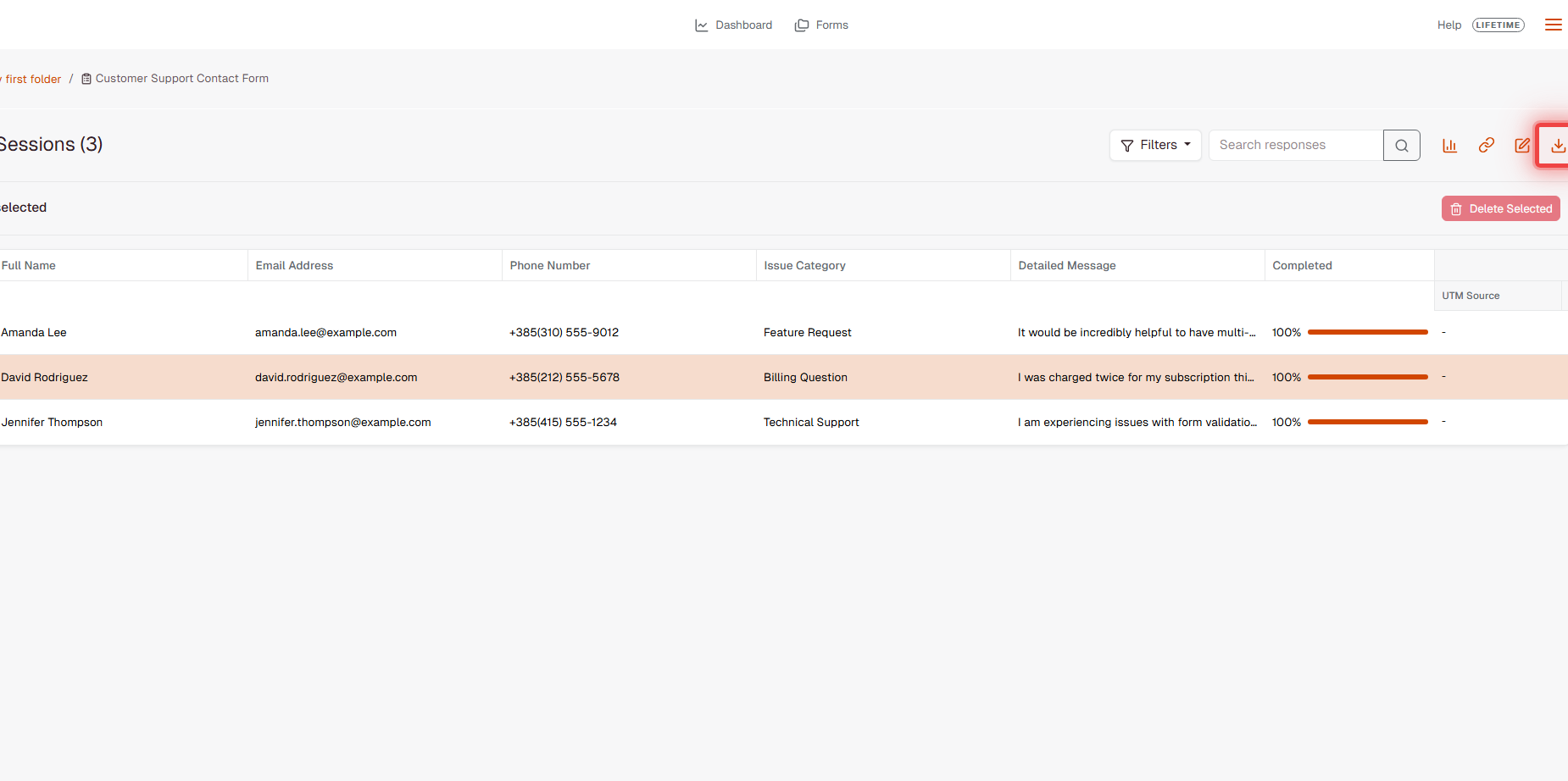 FormRobin responses page showing the Export CSV button highlighted in the toolbar