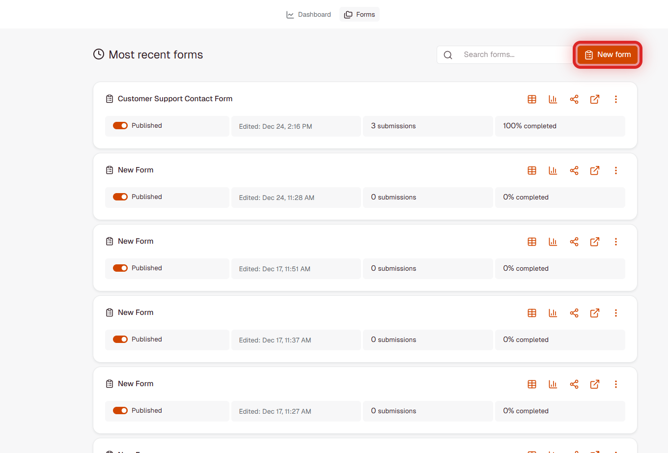 FormRobin Forms page showing the New form button highlighted