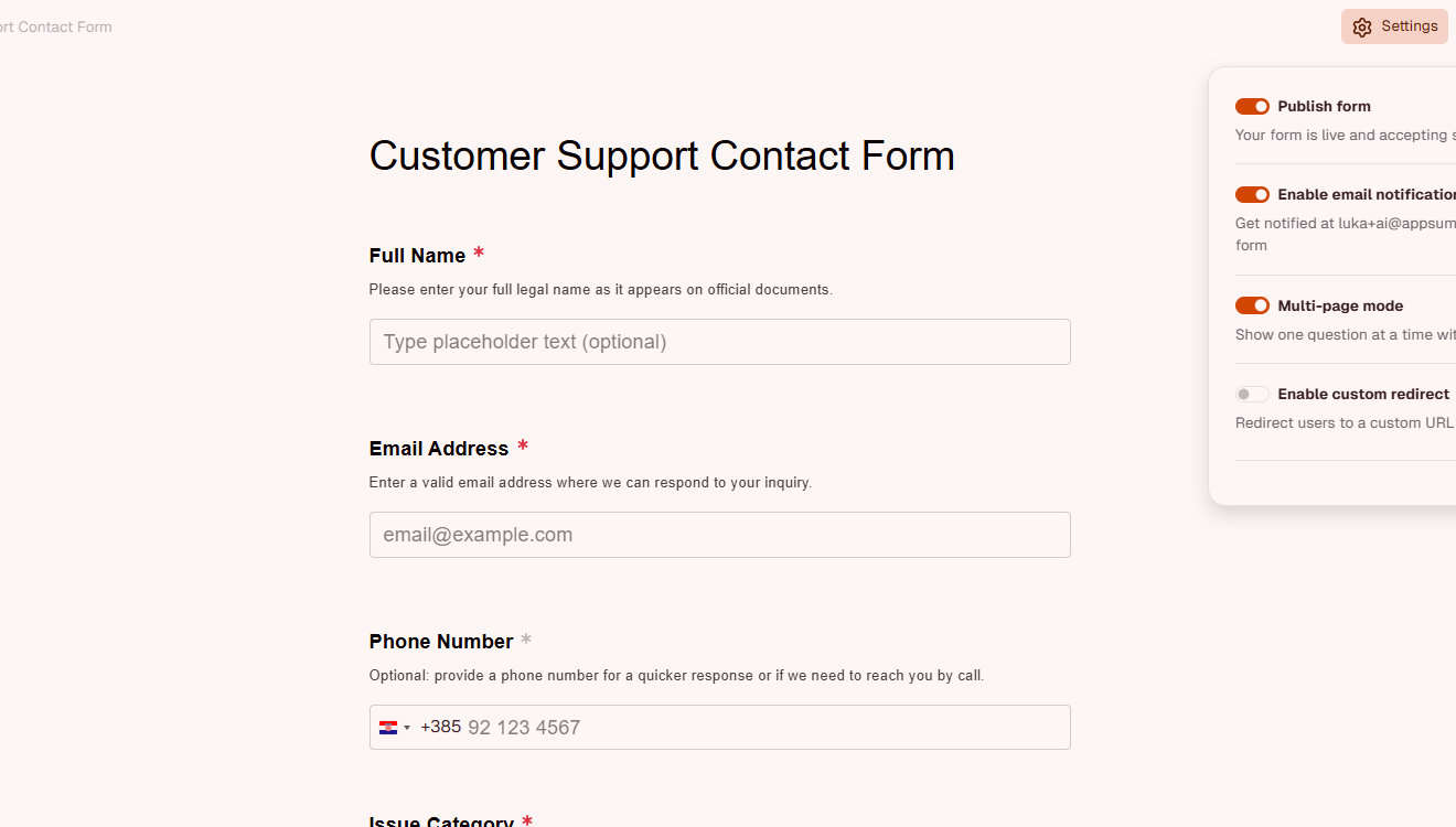 FormRobin Settings panel showing Multi-page mode toggle enabled