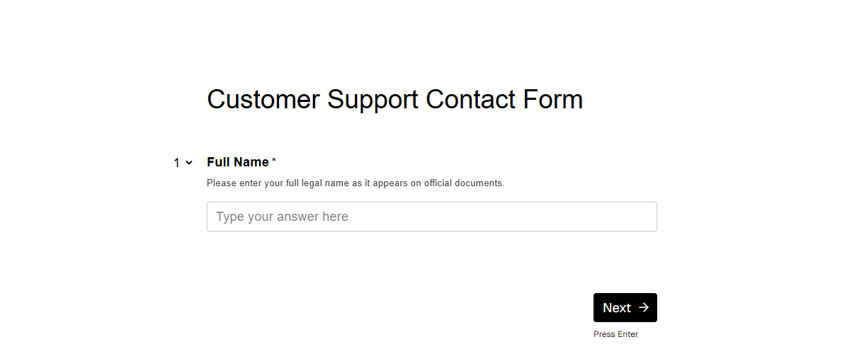 Multi-page form showing one question at a time with Next button and Press Enter hint
