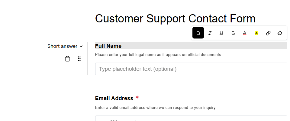 Formatting toolbar appearing above question text field with all 8 buttons visible