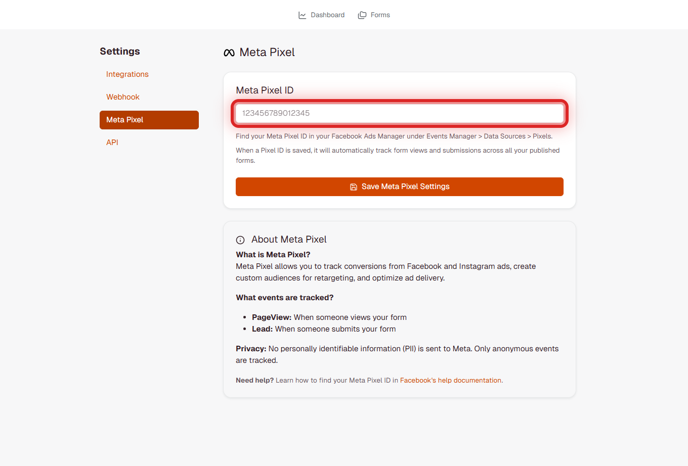 Meta Pixel settings page showing the Meta Pixel ID input field where you enter your numeric Pixel ID